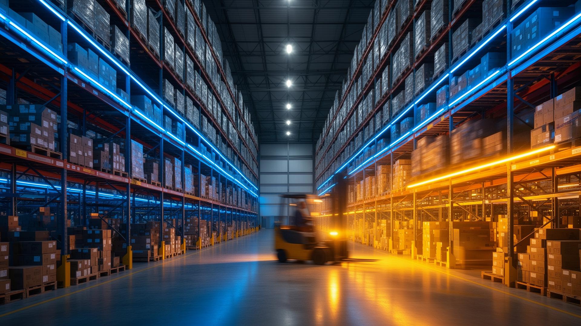 Zendbox UK fulfilment warehouse aisle with racked stock and a forklift in motion