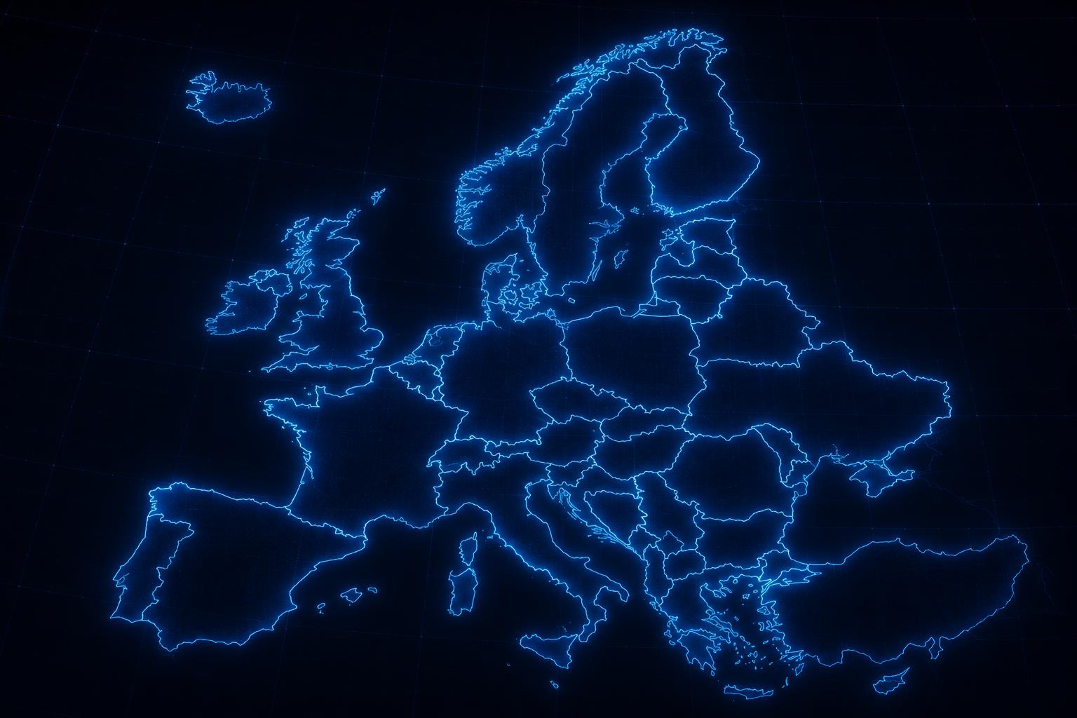 Neon outline map of Europe with country borders showing planned EU fulfilment coverage